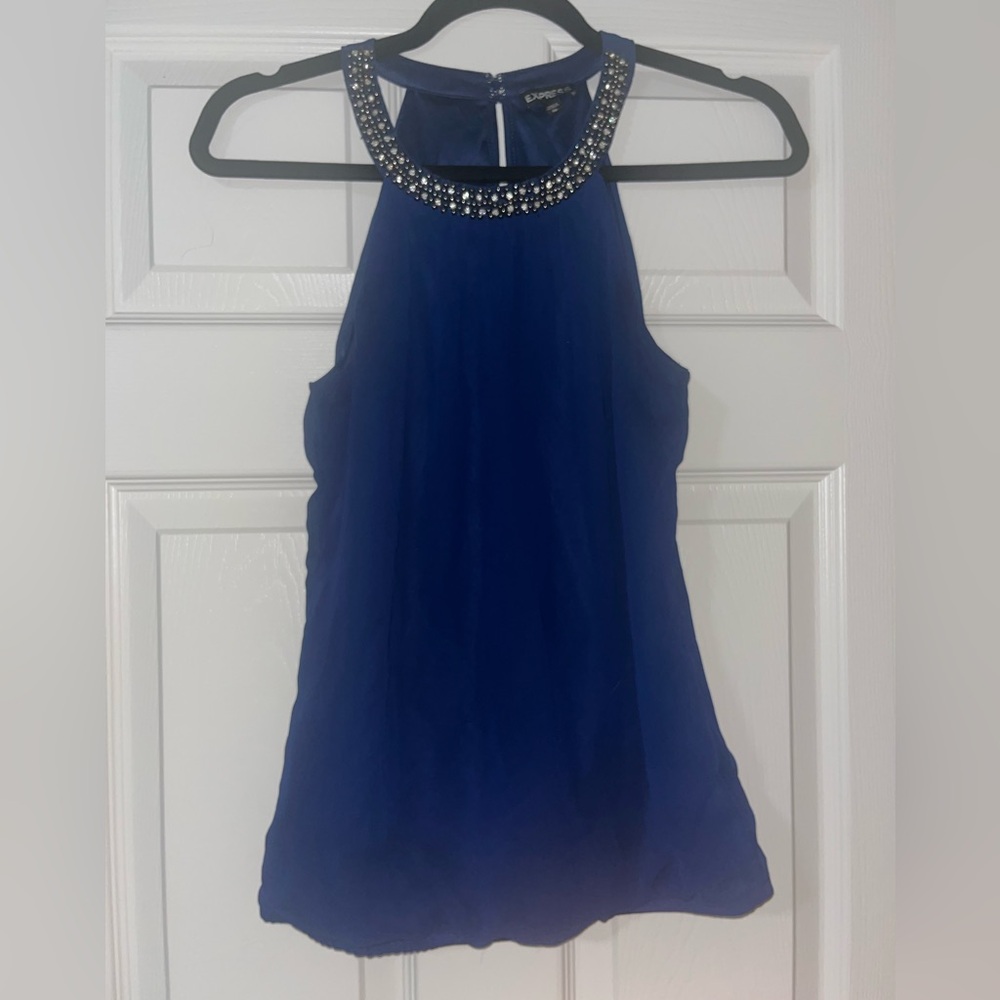 Express jeweled bejeweled rhinestone halter neck top blouse blue XS sparkle